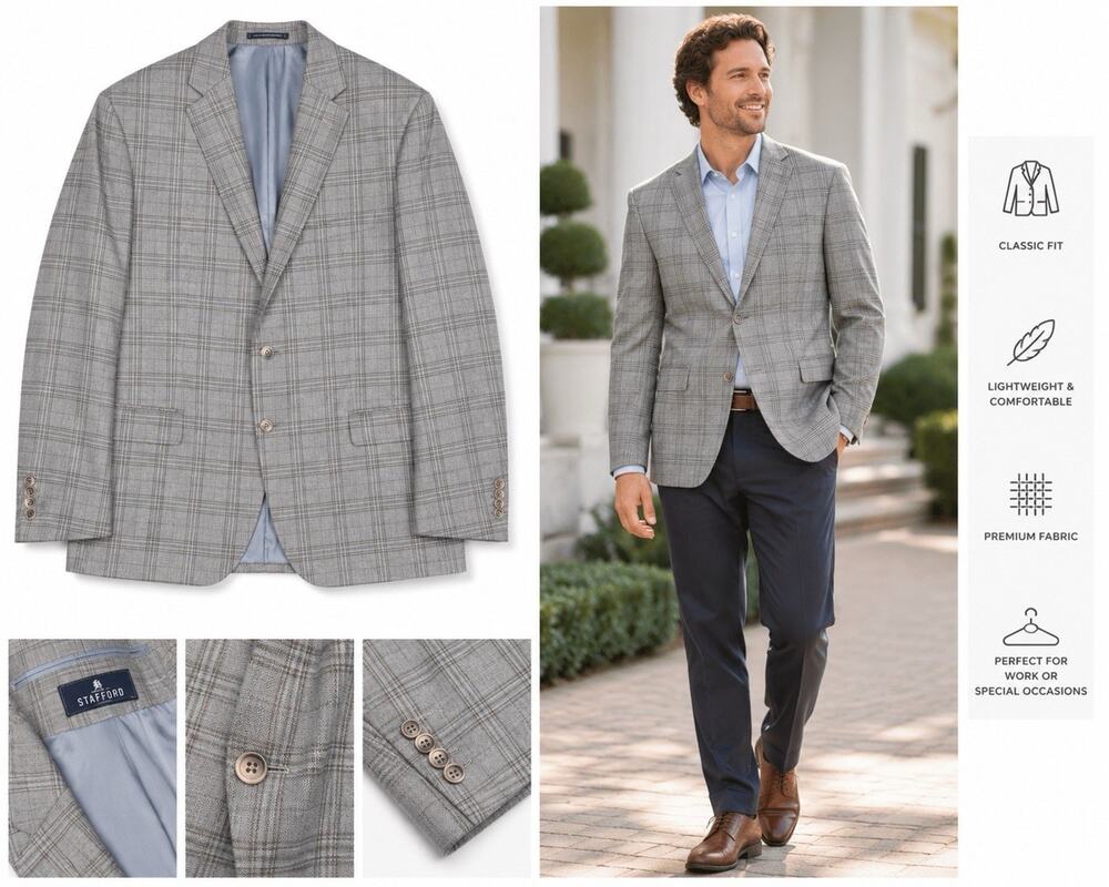 Hart Schaffner Marx Suit Mens 46L Grey Blue Glen Plaid Dillards USA Made NY Fit